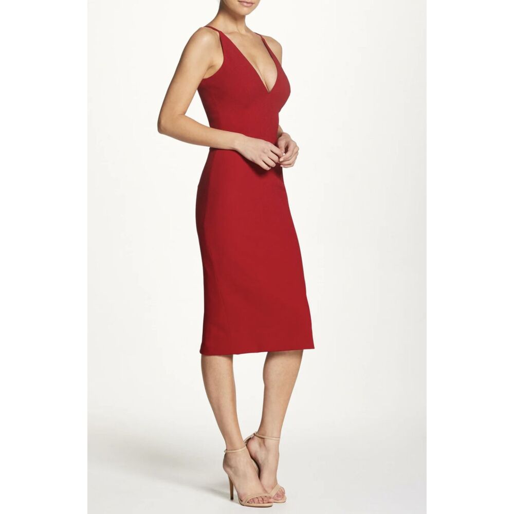 Dress the Population Lyla Red Midi Sheath Dress XS Plunge Cocktail Evening NWT